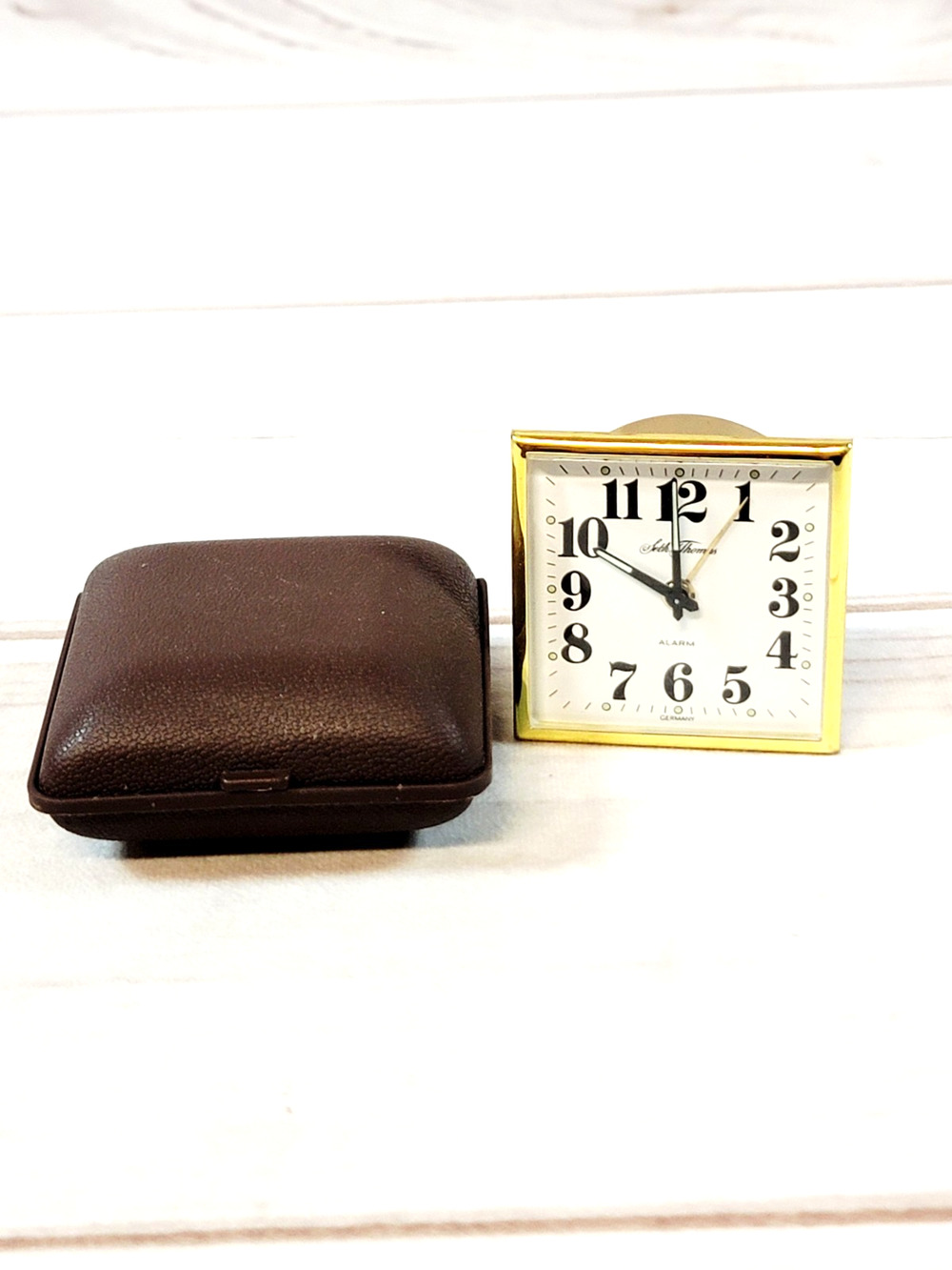Vintage Seth Thomas Travel Alarm Clock Brown Case Germany READ